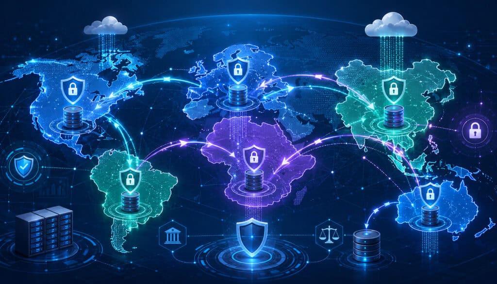 Global data residency and cross-border transfers with secure regional servers and privacy icons