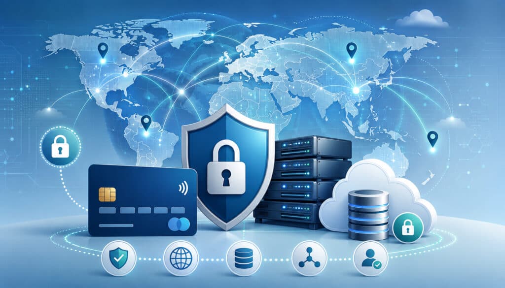 Global cardholder data security with cloud servers, payment card, lock icons, and cross-border network connections