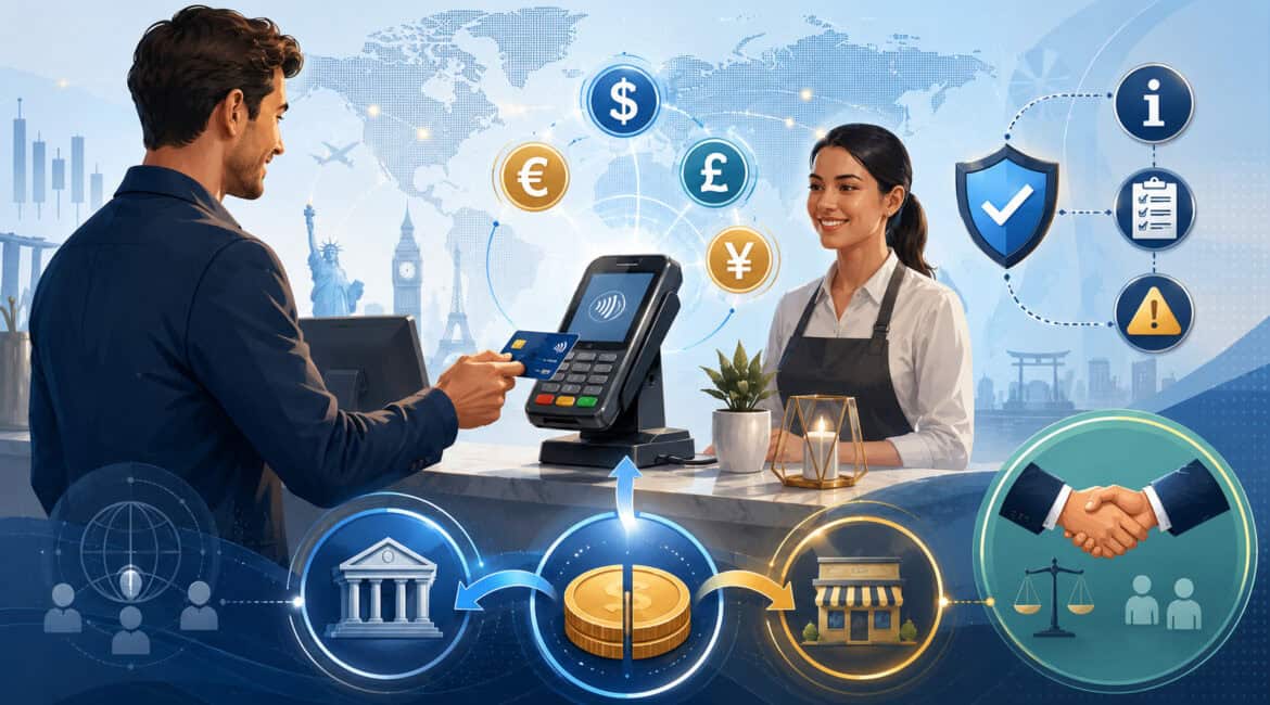 Dynamic currency conversion at a POS terminal with global currency and trust icons