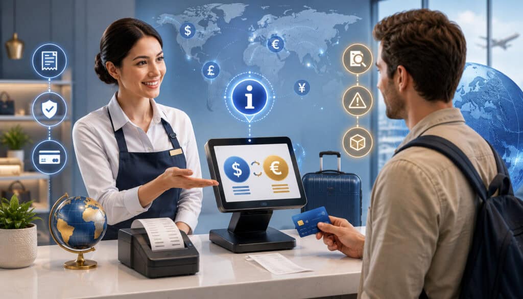Merchant explaining currency conversion options to an international customer at checkout