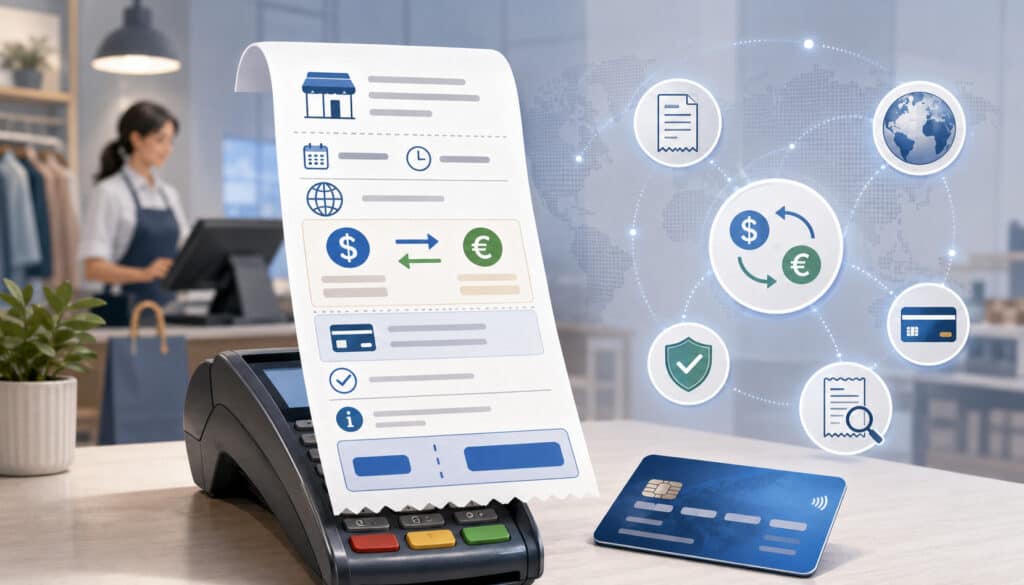 DCC receipt showing currency conversion, payment terminal, and card icons