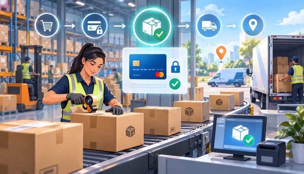 Warehouse worker preparing packages with secure payment capture and shipping icons